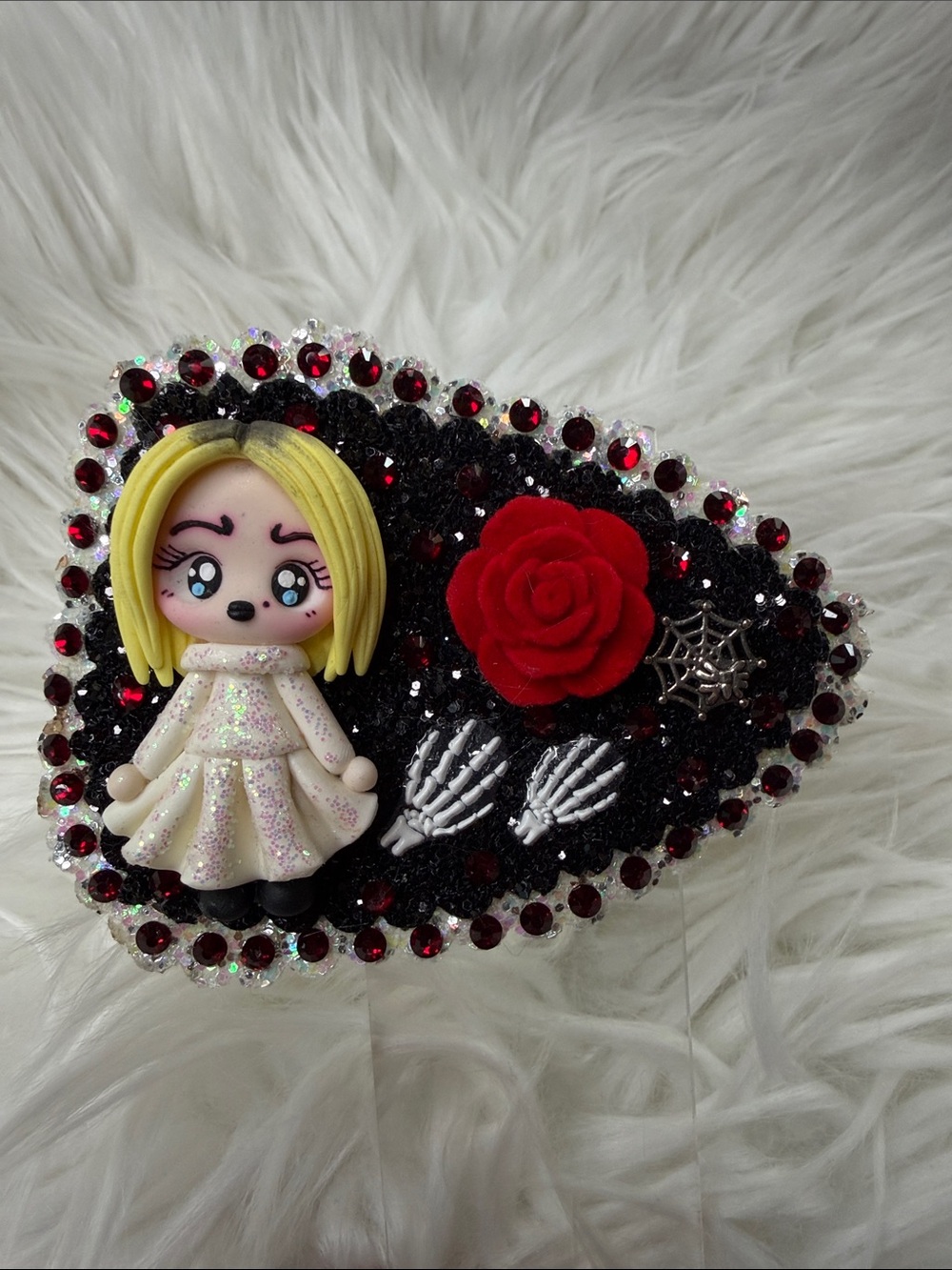 Tiffany Gothic Doll Resin Hair Clip with Red Rose and Skeleton Hands